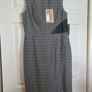 Nue by Shani Gray and White Midi Sheath Dress Sleeveless Crew Neck